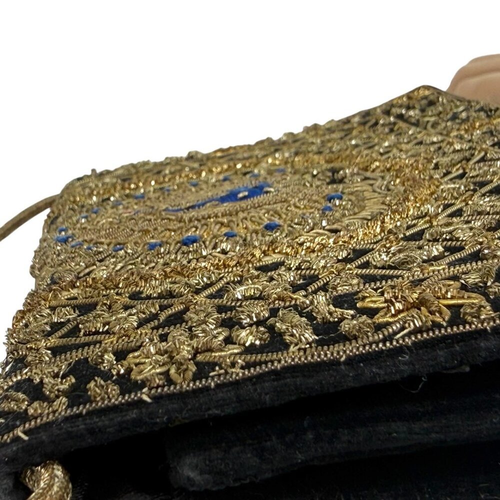 Vintage Black Velvet Peacock Gold Embroidered Beaded Floral Evening Bag Clutch - Picture 13 of 16
